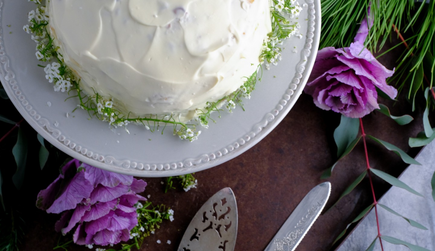 White cake with shrimps and salmon