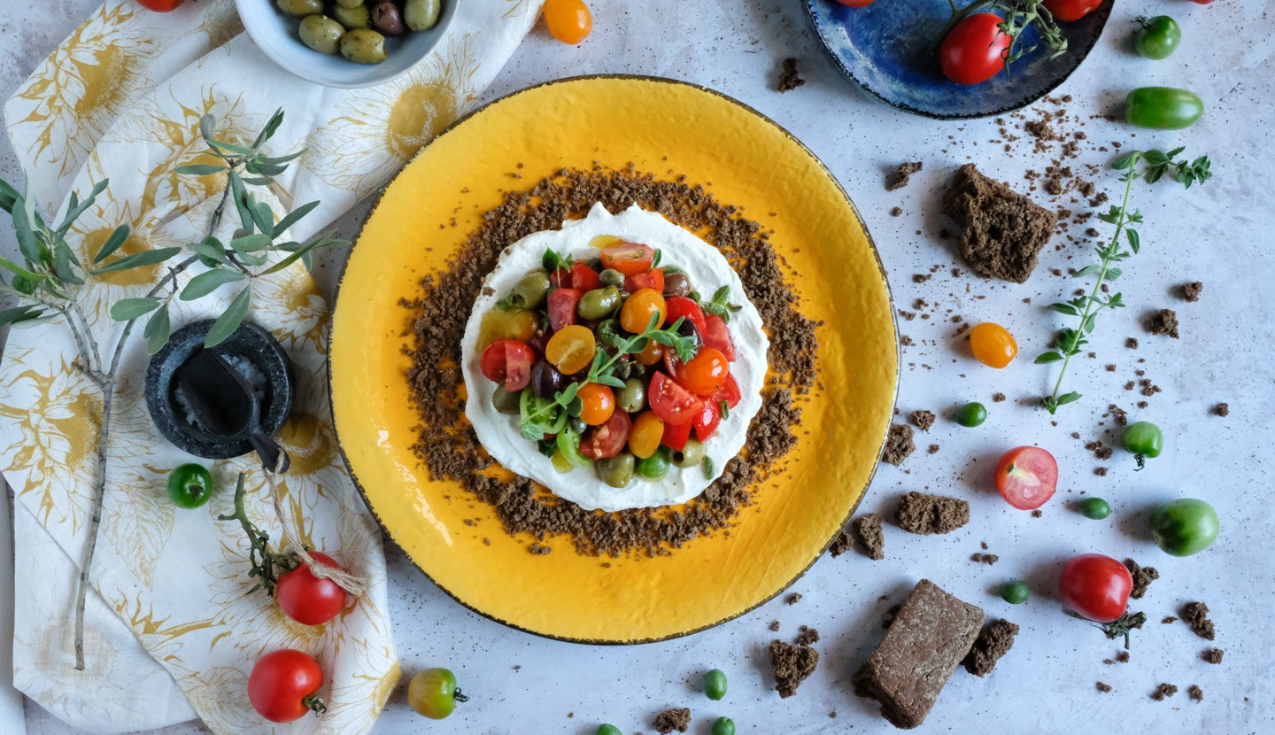 Greek Salad (Horiatiki) with feta mousse and carob rusks