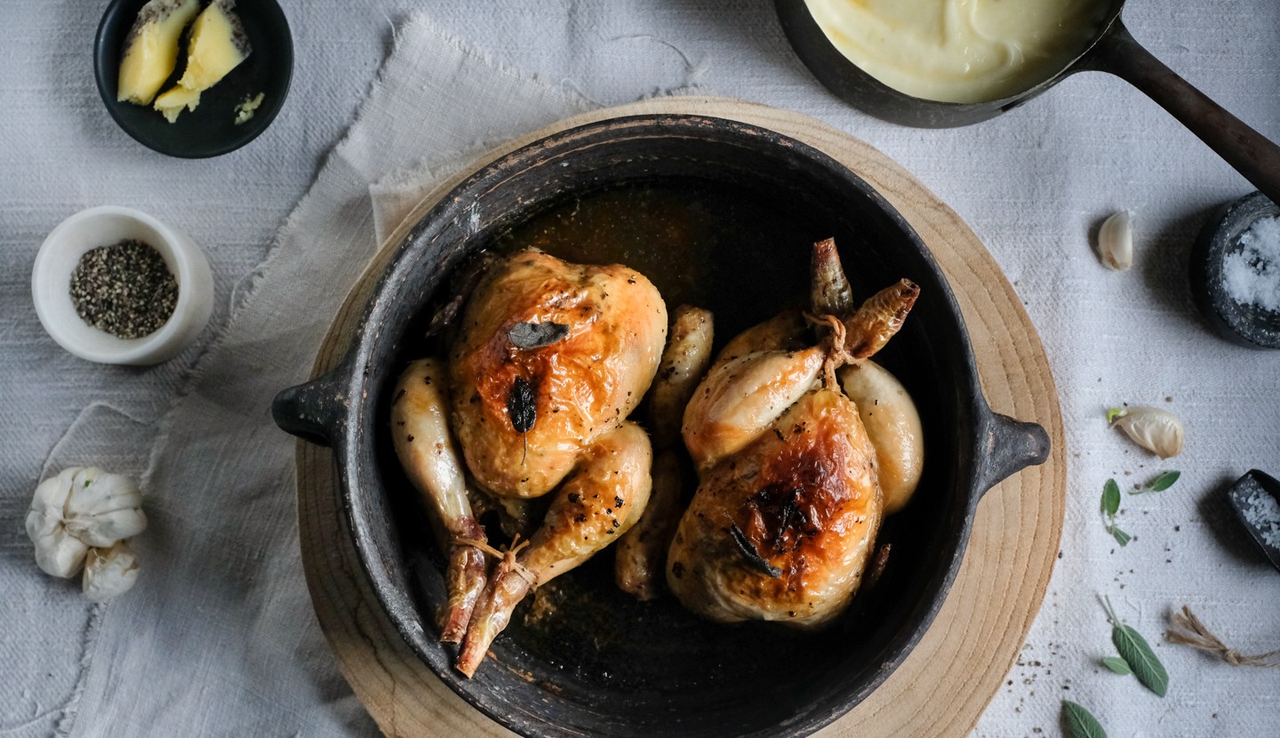 Roasted chicken with truffle butter and garlic pureé