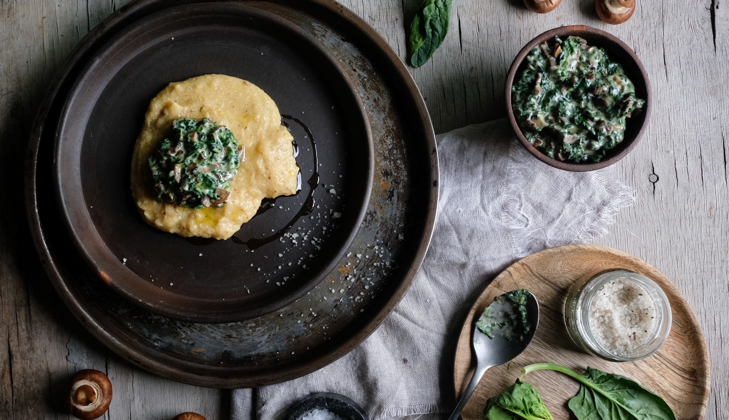 Polenta with spinach and mushroom purée